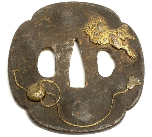 刀剣/日本刀 鍔/鐔 切込木瓜形 獅子模様 134g/直径84×78mm 武具/刀装具 - 安心保証・業界最安値の販売 福助