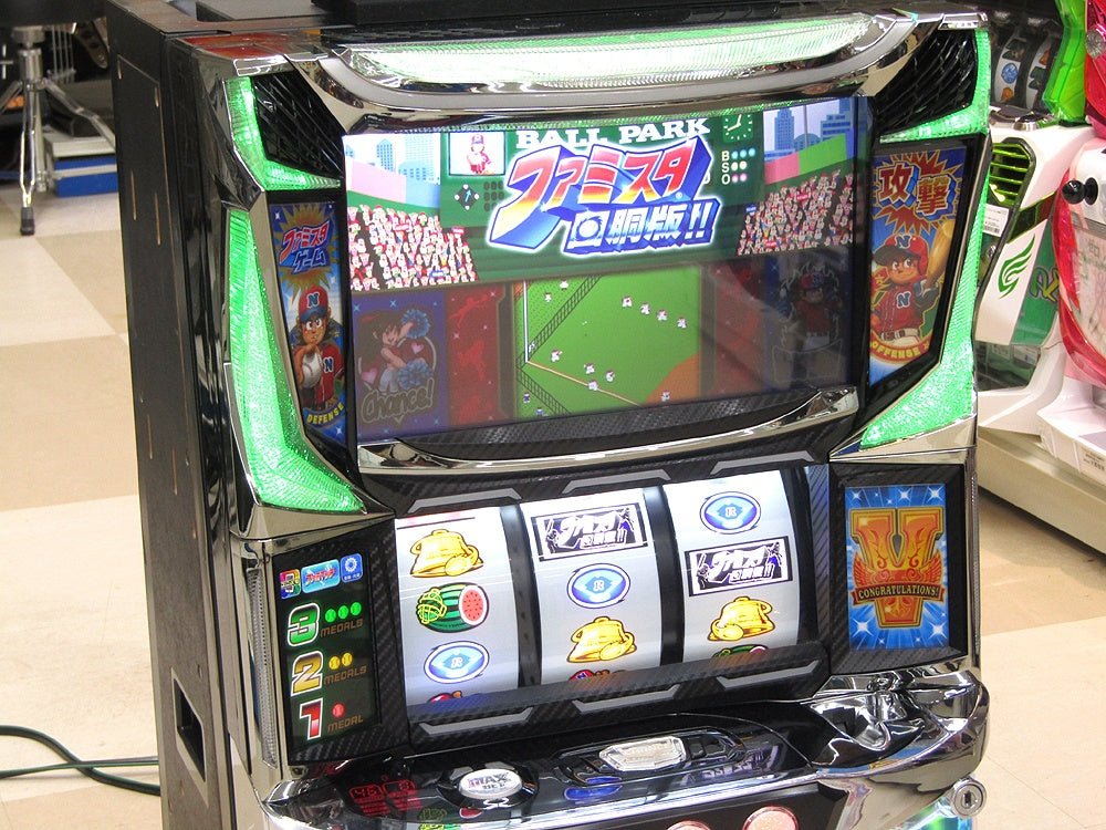 パチスロ実機 ファミスタ回胴版!! 6.5号機 データカウンタ付 コイン不要機搭載 家庭用電源対応 Vol調節有 ユニバーサル - 安心保証・業界最安値の販売 福助