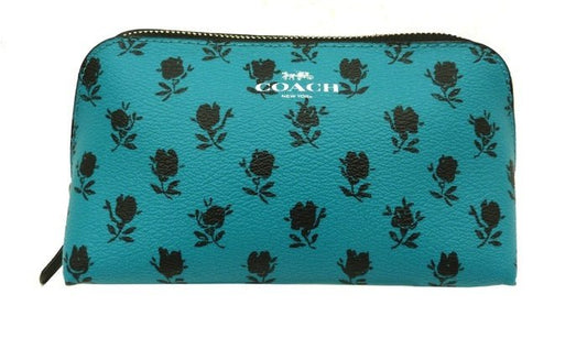 COACH(コーチ) ポーチ F56724 ターコイズ×ブラック フローラル柄 花柄 小物 レザー PVCコーティング - 安心保証・業界最安値の販売 福助